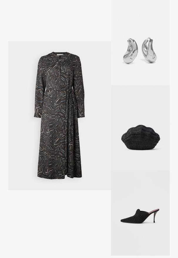 Robes noires à manches longues avec un motif abstrait multicolore, devant boutonné et détail de lien sur le côté. Conçue en tissu lisse et léger.; Mule noir à talon haut avec bout pointu, tissu doux à texture froncée sur le devant et talon aiguille fin.; Sac à main en osier noir en forme de coquille Saint-Jacques avec un dessus courbé et une texture tressée sur un fond uni.; Boucles d'oreilles en argent en forme de créoles avec une finition incurvée et brillante, et un design sans couture. Équipées d'une fermeture à charnière pour un port sécurisé.