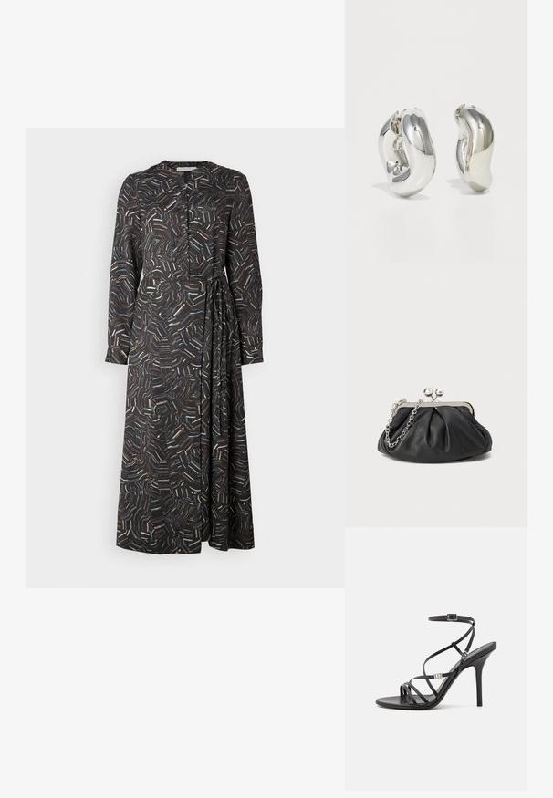 Schwarzes Langarmkleid mit mehrfarbigem abstraktem Muster, Knopfverschluss vorne und seitlichem Bindewickel. Hergestellt aus glattem, leichtem Stoff.; Schwarze High-Heel-Sandale mit dünnen Riemen, einem Knöchelverschluss, einer glatten Lederoberfläche und einem schlanken Stiletto-Absatz.; Schwarze Leder-Clutch mit geraffter Textur, silberfarbener Metallrahmen, Druckverschluss und Kettenriemen. Glatte, weiche Oberfläche.; Silberne skulpturale Ohrringe mit glatten, geschwungenen Formen und reflektierenden Oberflächen. Sie verfügen über ein geschlossenes Ringdesign und eine ausgeprägte organische Form.