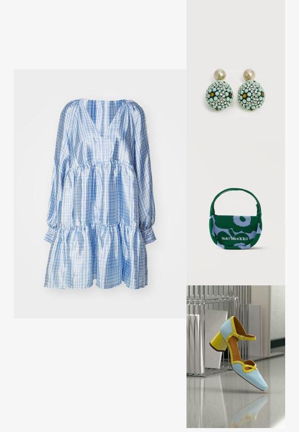 Robe à carreaux bleus et blancs avec de longues manches bouffantes, décolleté en V et volants à l'ourlet, fabriquée en tissu léger et brillant.; Chaussure en cuir perforé bleu avec une bordure en cuir verni jaune, bride à la cheville et talon bloc. Dotée d'un bout pointu et d'un design ajouré.; Petit sac à main en tissu à motifs floraux verts et violet clair avec une seule poignée et le texte "marimekko" sur le devant.; Boucles d'oreilles clous ronds avec de grands dessus en perle et des gouttes sphériques recouvertes de strass vert menthe, ambre et transparent.