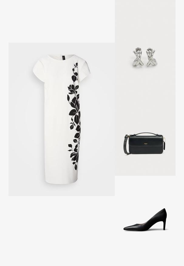 Robe blanche à manches courtes, avec un motif floral noir sur un côté. Texture douce, coupe aux genoux, lignes épurées et fermeture éclair au dos.; Escarpin pour femme en cuir noir à bout pointu avec talon moyen, présenté de profil sur un fond blanc.; Sac bandoulière en cuir noir avec fermeture à rabat, ferrures dorées et bandoulière amovible. Présente des détails de coutures apparentes.; Boucles d'oreilles en argent sterling au design torsadé, avec des surfaces lisses et brillantes. Pas de motifs ou d'accents visibles.