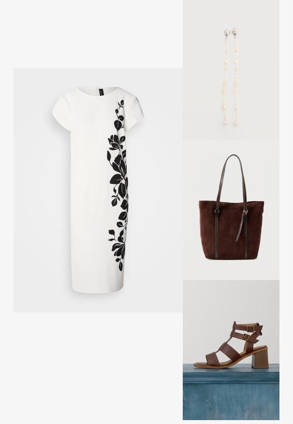 Robe blanche à manches courtes, avec un motif floral noir sur un côté. Texture douce, coupe aux genoux, lignes épurées et fermeture éclair au dos.; Sandales à talons en cuir marron avec plusieurs brides et boucles dorées. Bout carré et talon bloc texturé. Doublure intérieure lisse.; Sac cabas en daim brun foncé avec de longues poignées fines en cuir et un petit pompon en cuir sur fond uni.; Boucles d'oreilles pendant en perles avec des brins allongés ornés de perles blanches de formes variées et d'accents argentés en haut.