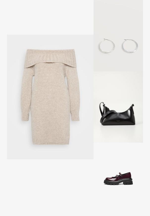 Beige strikket off-shoulder kjole med lange ærmer, ribbet halsudskæring og struktureret stof. Lige snit, midt på låret længde, med manchetter på ærmerne.; Bordeaux patentlæder Mary Jane-sko med dobbelte spænde remme og tykke sorte gummisåler med dybe riller.; Sort læderhåndtaske med en glat tekstur. Har en justerbar stropp og et enkelt, minimalistisk design med lynlås.; Sølvfarvede metaloorringe med glat, let buet overflade og låsemekanisme på en ensfarvet hvid baggrund.
