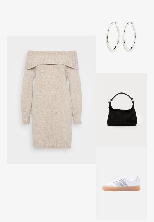 Beige strikket off-shoulder kjole med lange ærmer, ribbet halsudskæring og struktureret stof. Lige snit, midt på låret længde, med manchetter på ærmerne.; Hvid lavtop-sneaker med gum-gummisål, sølvstribede sideaccents og snørelukning, vist mod en ensfarvet lys baggrund.; Sort faux fur håndtaske med en blød tekstur, rund form og en robust skulderrem i sort læder. Synlige sølvhardware-detaljer.; Sølvøreringe i form af hoops med en glat, blank finish. Cirkulær form, der har en sikker lås. Simpelt og elegant design.