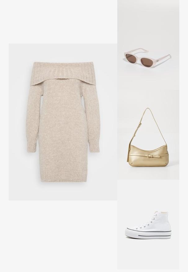 Beige strikket off-shoulder kjole med lange ærmer, ribbet halsudskæring og struktureret stof. Lige snit, midt på låret længde, med manchetter på ærmerne.; Hvide høj-top sneakers lavet af kanvasmateriale, sort gummisål og kontrasterende sort stribe på mellemsålen. Rund tåhætte og snørebåndsdesign.; Aflange solbriller med en lyserød, gennemsigtig ramme og brune linser. Funktioner inkluderer et logo på templet og en glat, blank tekstur.; Metallic guld skuldertaske med en buet form, glat tekstur, en flad rem og en dekorativ spænde-detail foran.