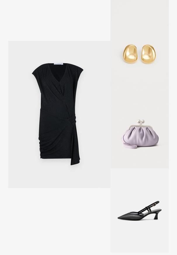 Robe noire avec un décolleté en V, des manches courtes, un ruché asymétrique et un détail noué sur le côté, faite d'un tissu texturé et scintillant.; Chaussure slingback noire à bout pointu avec tige en mesh, fines brides, boucle dorée et petit talon incurvé sur fond blanc.; Pochette lavande douce avec tissu froncé, fermoir kiss-lock argenté et bracelet assorti sur un fond clair uni.; Boucles d'oreilles en forme de clou de couleur or, avec une forme lisse et arrondie et une surface réfléchissante, mettant en avant un design minimaliste sans motifs visibles.