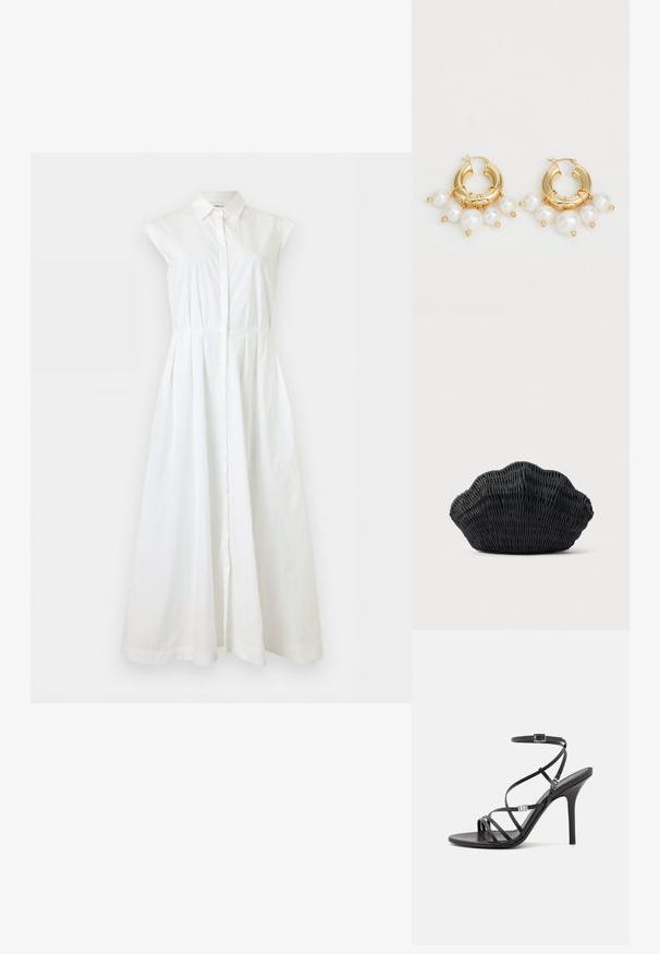 Robe blanche sans manches boutonnée avec col et taille cintrée, s’étendant en une longue jupe fluide.; Sandale noire à talons hauts avec des brides fines, une boucle à la cheville, une surface en cuir lisse et un talon aiguille élancé.; Sac à main en osier noir en forme de coquille Saint-Jacques avec un dessus courbé et une texture tressée sur un fond uni.; Boucles d'oreilles en or en forme de créoles, ornées de trois perles blanches pendantes, maintenues par des accents en fil. Fini métallique lisse avec un aspect poli.