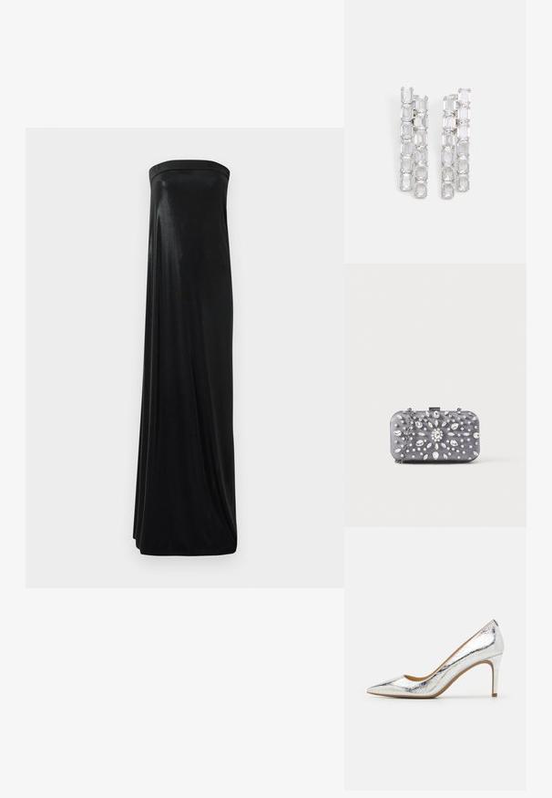 Zwart strapless maxi-jurk van glanzende, soepele stof. Heeft een getailleerde buste en een vloeiende silhoutte die de vloer raakt, zonder versieringen.; Zilveren metallic puntige hoge hak schoen met een gladde textuur, 10 cm hoge hak en subtiel geplooid patroon op het oppervlak.; Kleine rechthoekige donkergrijze clutch versierd met heldere strass-steentjes in een uitstralend patroon en een zilveren kettingband.; Transparante rechthoekige oorbellen in een watervalontwerp, met meerdere gekoppelde stenen, gezet in zilverkleurig metaal met een gepolijste afwerking.