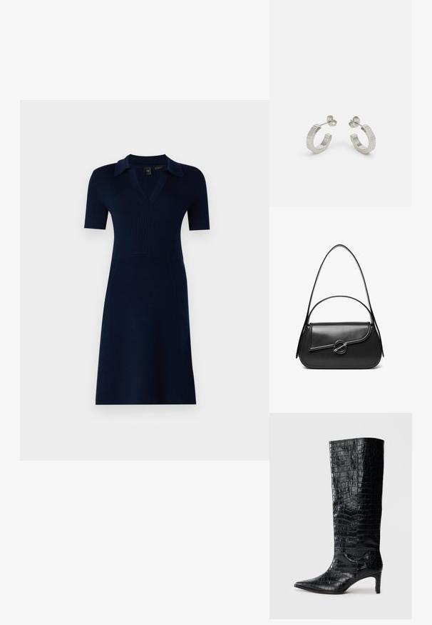 Vestido de punto azul marino con un torso ajustado, mangas cortas y cuello en V. Presenta una textura de canalé y una falda acampanada.; Botas negras de media caña con textura brillante de patrón de cocodrilo, punta afilada y tacón cónico. Material sintético liso.; Bolso de hombro de cuero negro con una solapa curva asegurada por un broche metálico redondo y una correa delgada y ajustable.; Pendientes aros de metal plateado con un diseño texturizado, que cuentan con un pequeño respaldo de clip y una marca en uno de los aros. Forma redondeada con un acabado pulido.