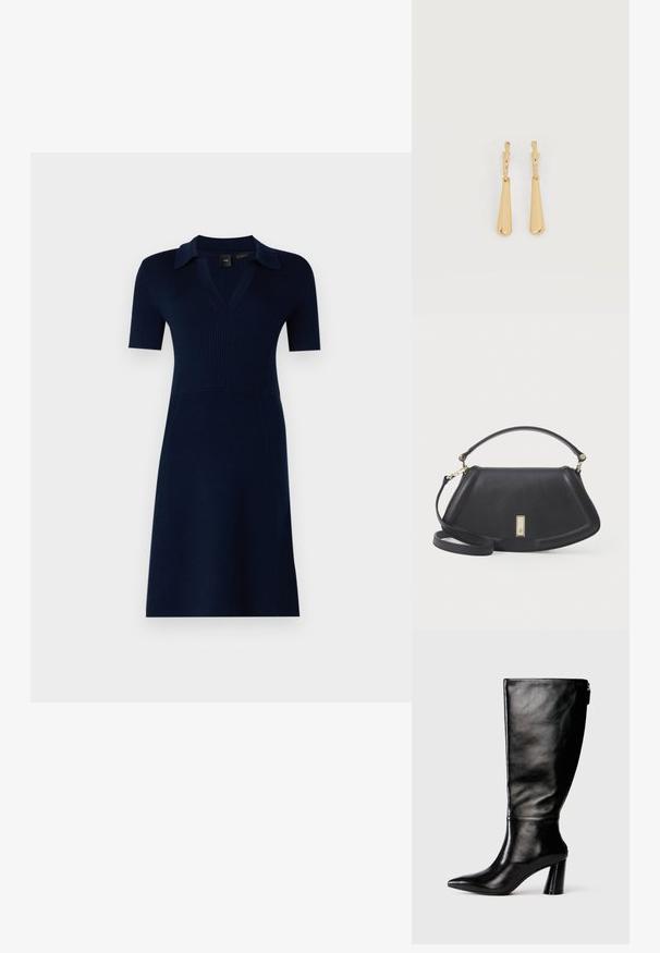 Vestido de punto azul marino con un torso ajustado, mangas cortas y cuello en V. Presenta una textura de canalé y una falda acampanada.; Bota de cuero negro hasta la rodilla con punta afilada, textura suave y un tacón grueso. Presenta un detalle de cremallera en la parte de atrás.; Bolso de mano de cuero negro con una forma estructurada, que cuenta con un asa corta y una correa desmontable, acentuado por un detalle de cierre en tono dorado.; Pendientes colgantes en tono dorado con colgantes alargados y suaves en forma de lágrima, colgando de cierres de aros pequeños sobre un fondo blanco.