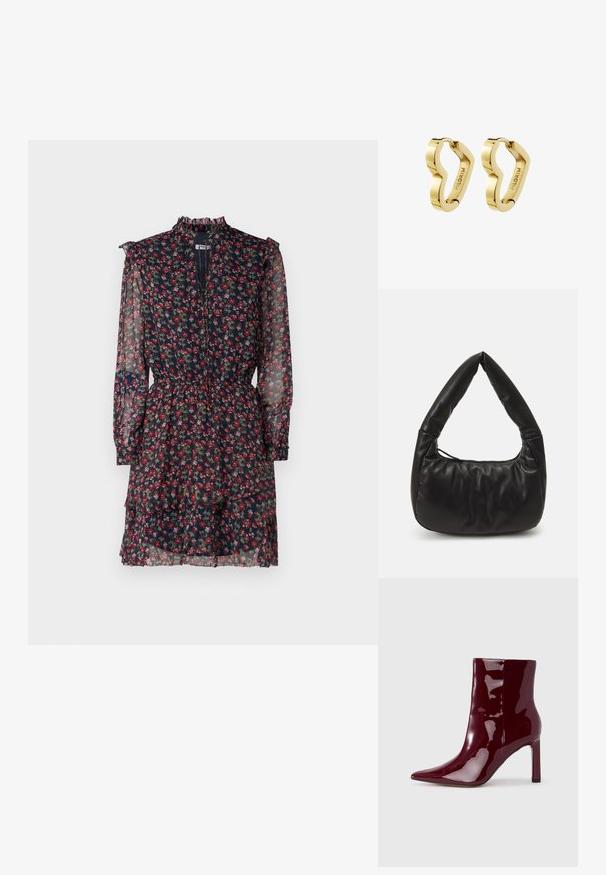 Blumenkleid aus durchsichtigem marineblauen Stoff mit roten und grünen Mustern, gerafftem hohen Kragen, langen Ärmeln und tailliertem Bund mit schichtigem Rock.; Glänzender bordeauxroter Stiefeletten aus Lackleder mit spitz zulaufender Zehenpartie und schlankem hohem Absatz vor einem einfarbigen hellen Hintergrund.; Schwarze Leder-Schultertasche mit lässigem Design, ausgestattet mit einem markanten, geknoteten Griff und einem Reißverschlussverschluss. Sanfte Textur über die gesamte Fläche.; Paar polierte goldfarbene Creolen mit unregelmäßiger wellenförmiger Form, innen mit "PILGRIM" graviert.