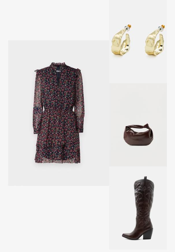 Vestido floral hecho de una tela azul marino transparente con patrones rojos y verdes, con un cuello alto con volantes, mangas largas y una cintura ceñida con una falda en capas.; Bota vaquera alta de cuero marrón oscuro con patrones decorativos cosidos, punta puntiaguda y tacón de bloque apilado.; Bolso de hombro de cuero marrón oscuro con una forma suave y caída, y un asa con nudo torcido sobre un fondo blanco liso.; Pendientes en tono dorado con forma de manos abstractas, que presentan una superficie brillante, detalles intrincados y un poste de plata y oro para un ajuste seguro.