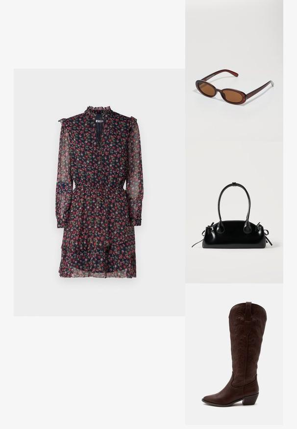 Blumenkleid aus durchsichtigem marineblauen Stoff mit roten und grünen Mustern, gerafftem hohen Kragen, langen Ärmeln und tailliertem Bund mit schichtigem Rock.; Hoher brauner Leder-Cowboystiefel mit detaillierter Naht, spitzer Spitze und Blockabsatz auf schlichtem hellem Hintergrund.; Runde, braun getönte Sonnenbrillen mit einem glänzenden burgunderfarbenen Rahmen. Schlanke Bügel mit dezentem Branding. Flaches Linsendesign.; Kleine schwarze glänzende Handtasche mit zwei langen Griffen und seitlichen Kordelzug-Details vor einfachem hellem Hintergrund.