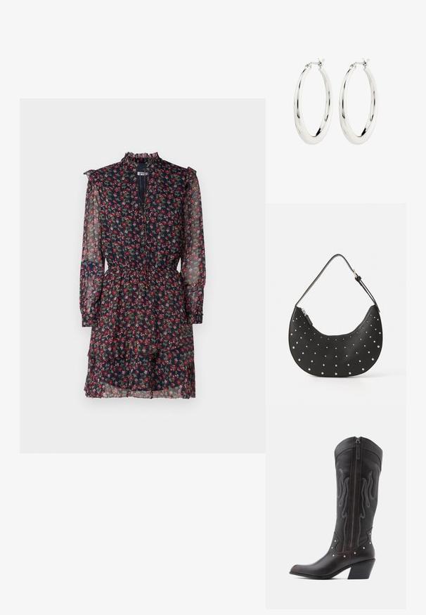 Vestido floral hecho de una tela azul marino transparente con patrones rojos y verdes, con un cuello alto con volantes, mangas largas y una cintura ceñida con una falda en capas.; Botas de cowboy de cuero marrón con costuras en forma de llama, cremallera lateral, tachuelas plateadas, punta puntiaguda y tacón apilado.; Bolso de mano de cuero negro con forma curva, adornado con tachuelas plateadas, cuenta con cierre de cremallera y una sola correa ajustable.; Pendientes de aro de plata con un acabado suave y brillante. Forma circular, con un cierre seguro. Diseño sencillo y elegante.