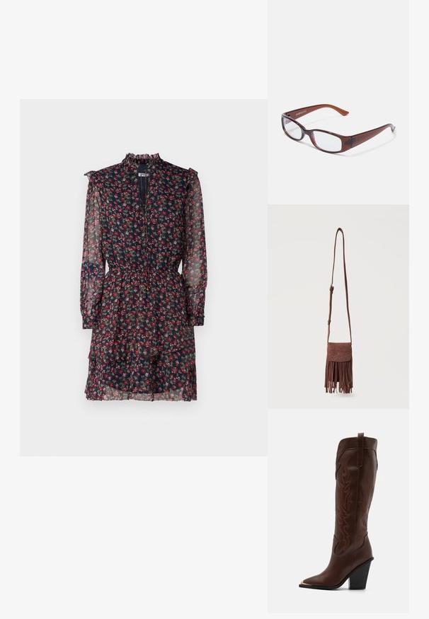 Vestido floral hecho de una tela azul marino transparente con patrones rojos y verdes, con un cuello alto con volantes, mangas largas y una cintura ceñida con una falda en capas.; RAID RIMSKY - Botas de tacón - brown; Gafas rectangulares con tintado marrón y acabado brillante, con varillas delgadas y lentes transparentes. Logo visible en la patilla izquierda.; Bolso bandolera de ante marrón con correa larga, patrón decorativo cosido en la solapa y flecos colgantes a lo largo del borde inferior.