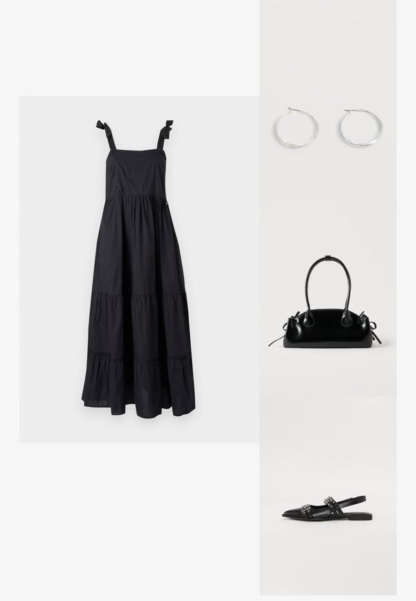 Schwarzes Maxikleid mit Bindeträgern, quadratischem Ausschnitt und gestuftem Rüschendesign. Hergestellt aus leichtem Stoff mit glatter Textur.; Even&Odd by Zalando Sling-Ballerina - black; Kleine schwarze glänzende Handtasche mit zwei langen Griffen und seitlichen Kordelzug-Details vor einfachem hellem Hintergrund.; Silberne Metallcreolen mit glatter, leicht gebogener Oberfläche und Klappverschluss vor schlicht weißem Hintergrund.