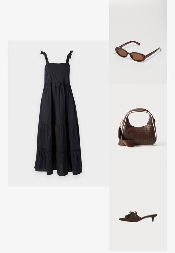 Schwarzes Maxikleid mit Bindeträgern, quadratischem Ausschnitt und gestuftem Rüschendesign. Hergestellt aus leichtem Stoff mit glatter Textur.; Brauner Wildleder-Mule mit spitzer Spitze, niedrigem Kitten-Heel, Schnürung mit Schleife und Quasten-Details vor weißem Hintergrund.; Runde, braun getönte Sonnenbrillen mit einem glänzenden burgunderfarbenen Rahmen. Schlanke Bügel mit dezentem Branding. Flaches Linsendesign.; Braune gewebte Lederhandtasche mit weißer Paspel, goldenem Reißverschluss und abnehmbarem braunem Stoff-Schulterriemen.