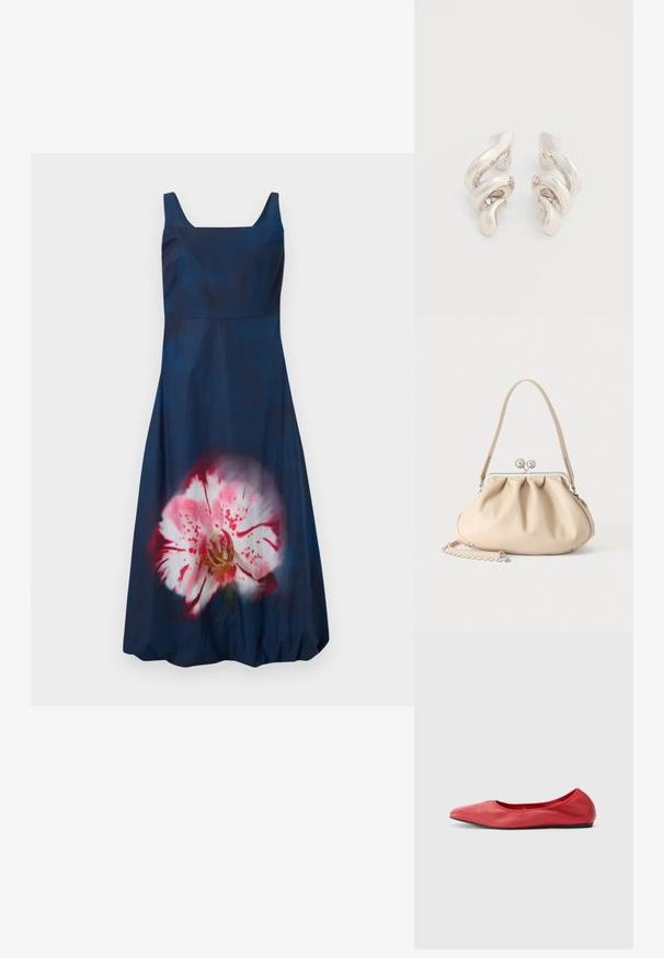 Navyblauwe jurk met een vierkante halslijn en een mouwloos ontwerp; heeft een groot, lichtroze bloemenpatroon aan de voorkant. Stevige textuur.; Filippa K REY FLATS - Ballerina's - bright red; Beige zachte leren handtas met een zilveren metalen frame sluiting, een enkele schouderriem en een optionele kettingriem op een witte achtergrond.; Gedraaide zilveren metalen oorknopjes met een gladde, glanzende afwerking, voorzien van een modern, abstract spiraalontwerp.