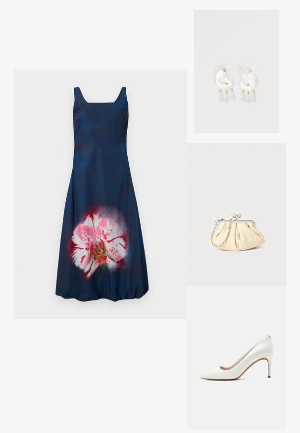 Navyblauwe jurk met een vierkante halslijn en een mouwloos ontwerp; heeft een groot, lichtroze bloemenpatroon aan de voorkant. Stevige textuur.; Witte leren pumps met spits toelopende neus, een smalle hoge hak en een gladde afwerking, zijkant weergegeven op een effen lichte achtergrond.; Geplooide beige leren clutch met een zilveren metalen frame, voorzien van twee ronde decoratieve sluitingen en een zilveren kettingriem.; Duidelijke hars oorbellen in schelpvorm met kleine gouden accenten en drie hangende doorschijnende druppelvormige bedels aan elk oorbel.