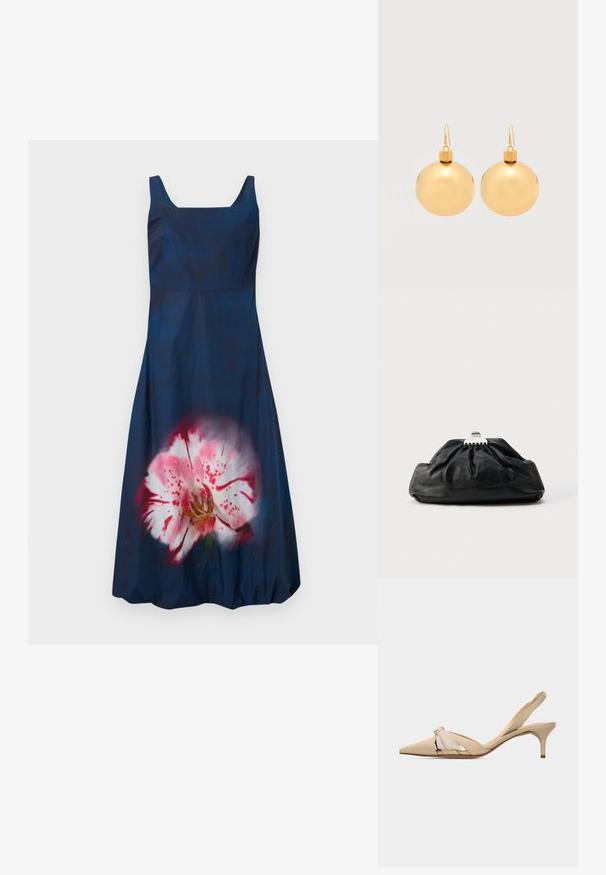 Navyblauwe jurk met een vierkante halslijn en een mouwloos ontwerp; heeft een groot, lichtroze bloemenpatroon aan de voorkant. Stevige textuur.; Beige kittenheel slingback met puntige neus, decoratieve knoop op het bovenwerk en een lage, slanke hak.; Zwarte leren clutch met een geplooide textuur, metalen sluiting en een subtiel geperst logo aan de voorkant. Afgeronde vorm.; Een paar glanzende gouden kerstbal-oorbellen met haaksluitingen op een effen witte achtergrond.