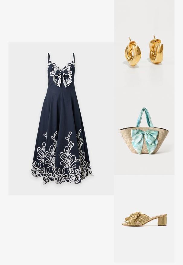 Robe bleu marine sans manches avec des détails en dentelle florale blanche le long de l'ourlet et un grand nœud en dentelle sur la poitrine.; Sandale à glissière plissée dorée avec un détail de nœud, bout ouvert et un talon bloc texturé. Présente une semelle plate et un intérieur lisse.; Sac cabas en paille tressée avec de larges anses en tissu tie-dye bleu clair et blanc et un grand nœud assorti en tissu à l'avant.; Boucles d'oreilles créoles en or massif avec un design tubulaire légèrement tordu et des fermoirs à tige sur un fond blanc.
