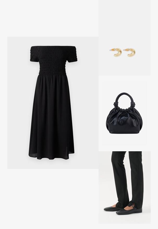 Vestido negro off-the-shoulder con cuerpo fruncido, mangas cortas y falda midi fluida. Hecho de una tela ligera y texturizada.; Piernas con pantalones ajustados negros con aberturas frontales en el dobladillo, combinados con zapatos planos Mary Jane negros con una pequeña correa con hebilla.; Bolso de mano de cuero negro suave con parte superior fruncida y dos asas gruesas atadas en nudos sobre un fondo claro y liso.; Pendientes en forma de media luna de oro con un acabado suave, que presentan acentos naranjas cerca del pasador y herrajes de plata.