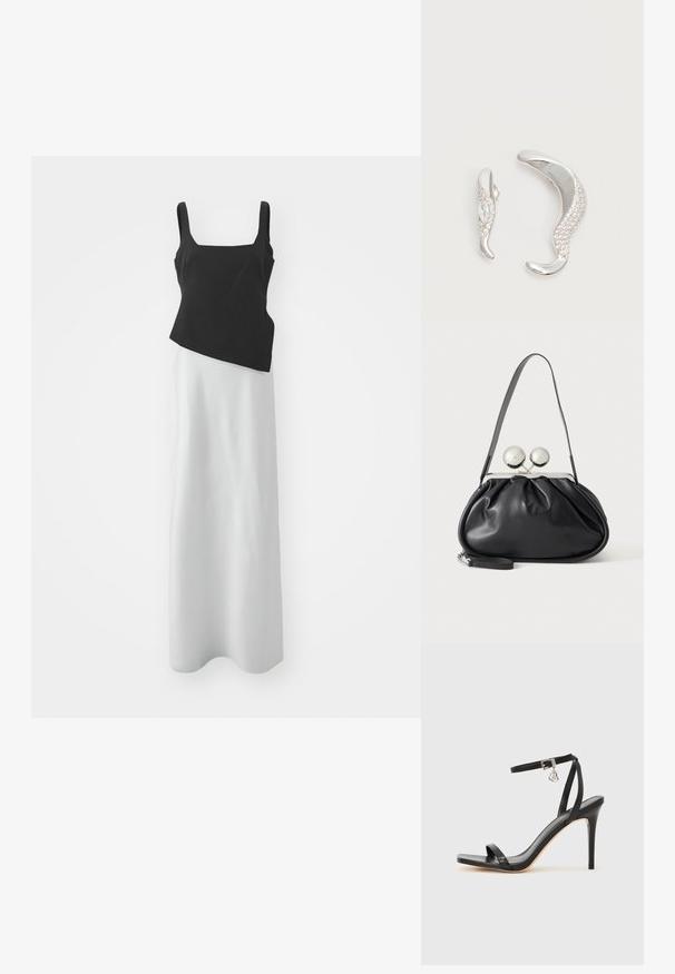 Black sleeveless bodice with square neckline paired with a long white skirt, contrasting materials, and asymmetric design. Smooth texture.; Black high-heeled sandal with a narrow ankle strap, square toe box, smooth leather material, and metallic buckle accent.; Black leather handbag with a gathered design, single strap, silver metal frame, and two large round silver clasp closures.; Two curved silver earrings, one larger than the other, both adorned with small sparkling crystals along one edge.