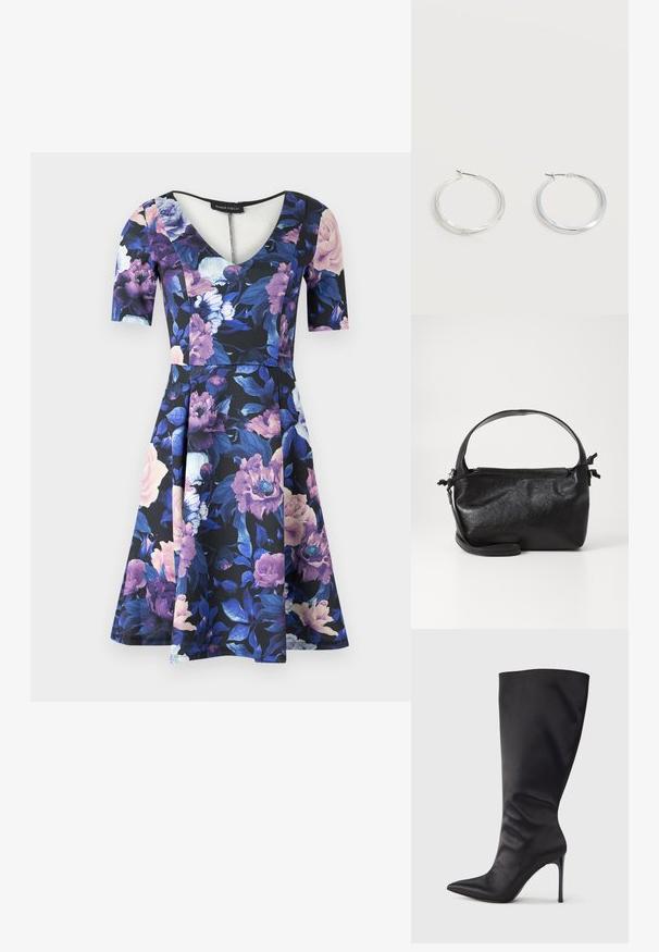 Kvetinové šaty s výstrihom do V a krátkymi rukávmi; majú čierne pozadie s veľkými fialovými a ružovými kvetmi, jemný materiál, rozšírená sukňa.; Čierna vysoká členková čižma na ihličkovom opätku z hladkého, lesklého materiálu; špicatá špička; priliehavý strih s jemným nariasením pri členku; lesklý opätok.; Čierna kožená kabelka so štruktúrovaným dizajnom, okrúhlym horným uchom a odnímateľným ramenným popruhom. Má hladkú textúru a jemný lesk.; Strieborné kovové kruhové náušnice s hladkým, mierne zakriveným povrchom a zapínaním na poistku na jednoduchom bielom pozadí.