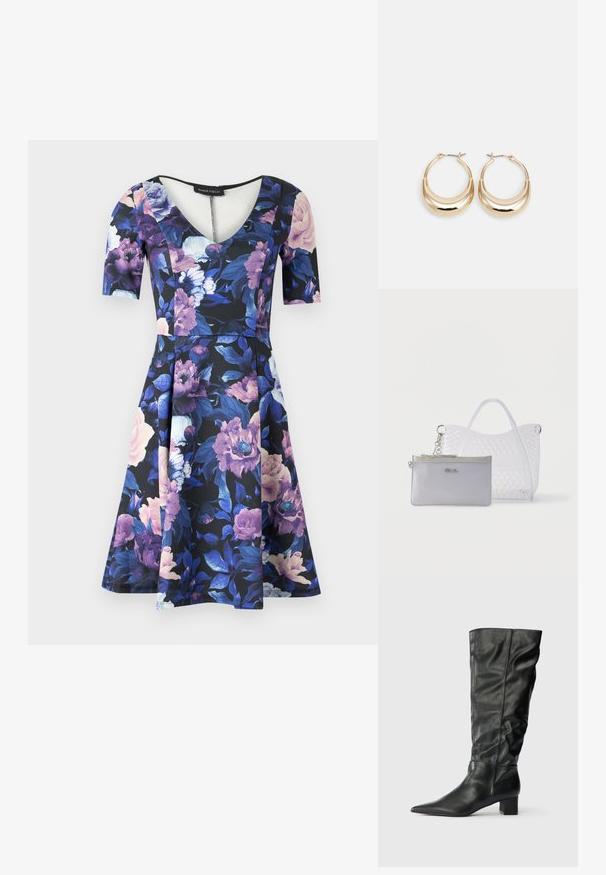 Blumenkleid mit V-Ausschnitt und kurzen Ärmeln; hat einen schwarzen Hintergrund mit großen lila und rosa Blumen, aus weichem Stoff, ausgestellter Rock.; Schwarze kniehohe Stiefel aus Leder mit spitzem Zehenbereich, weitem Schaft und Blockabsatz. Glatte Textur mit minimaler sichtbarer Naht.; Klare Kunststoff-Tragetasche mit Diamantmuster und angebrachtem kleinem silbergrauen Reißverschlussbeutel mit Logo-Plakette.; Goldfarbene Creolen mit einer Halbmondform, polierter Oberfläche und Scharnierverschluss. Die glatte Textur und der reflektierende Finish verbessern die Sichtbarkeit.