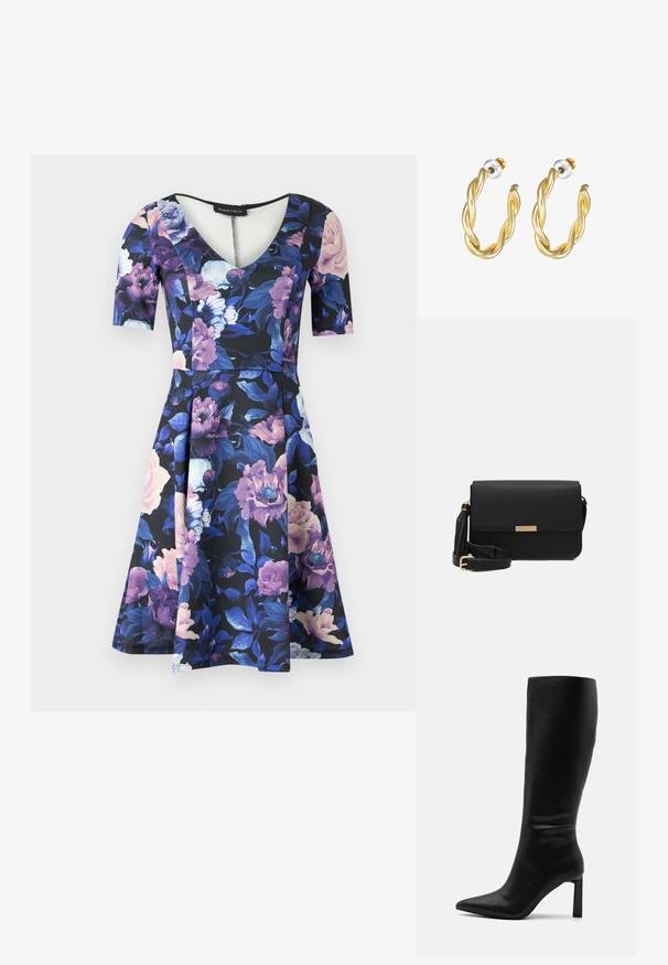 Blumenkleid mit V-Ausschnitt und kurzen Ärmeln; hat einen schwarzen Hintergrund mit großen lila und rosa Blumen, aus weichem Stoff, ausgestellter Rock.; Even&Odd by Zalando Stiefel - black; Schwarze Leder-Crossbody-Tasche mit Klappenverschluss, goldenen Beschlägen, verstellbarem Tragegurt und strukturiertem Material. Kompakte, rechteckige Form.; Goldene, gedrehte Creolen mit glatter Oberfläche, ausgestattet mit transparentem Rücken und goldfarbenen Beschlägen.
