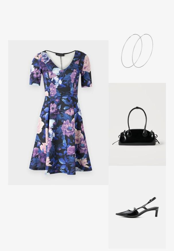 Blumenkleid mit V-Ausschnitt und kurzen Ärmeln; hat einen schwarzen Hintergrund mit großen lila und rosa Blumen, aus weichem Stoff, ausgestellter Rock.; Schwarzer Slingback-Schuh aus Lackleder mit spitzer Kappe, niedrigem Absatz und zwei verstellbaren Schnallenriemen, seitlich dargestellt.; Kleine schwarze glänzende Handtasche mit zwei langen Griffen und seitlichen Kordelzug-Details vor einfachem hellem Hintergrund.; Silberne Creolen mit minimalistischem Design. Rundform, glatte Oberfläche und dünnes Profil. Leichtgewichtig mit hochglänzender Oberfläche.