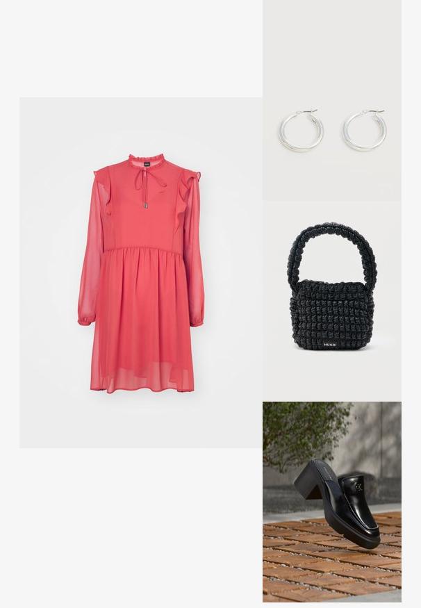 BOSS DIRENNA - Robe de soirée - light/pastel red; Mule slip-on en cuir noir Calvin Klein avec talon bloc reposant sur des carreaux en bois à l'extérieur près d'une plante verte et d'un mur gris.; Petit sac à main noir matelassé avec une poignée courte rembourrée et une étiquette "HUGO" à l'avant, présenté sur un fond clair uni.; Paire de boucles d'oreilles créoles moyennes argentées brillantes avec de fines attaches métalliques sur un fond clair et neutre.