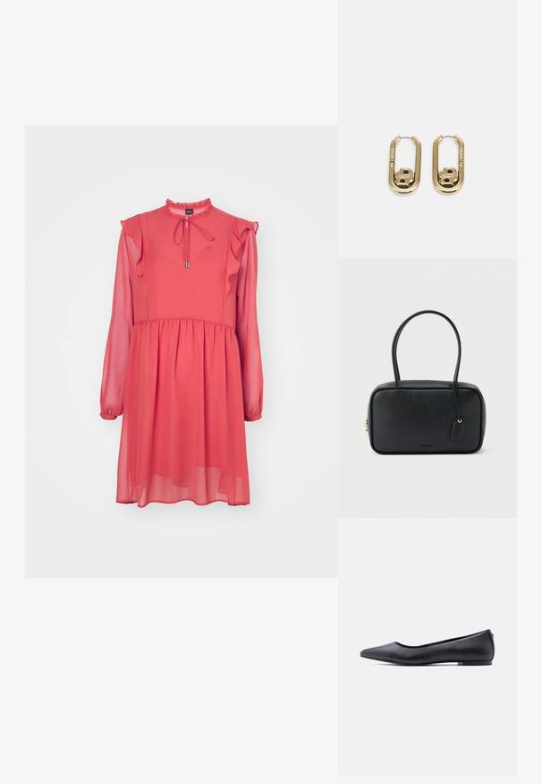 BOSS DIRENNA - Kokteilikleit/peokleit - light/pastel red; Must nahkjala kinga madala kontsaga, külgvaates valge tausta ees.; Must ristkülikukujuline käekott, millel on kaks ümardatud sangad, kuldne tõmblukk ja esiküljel reljeefne "HUGO" logo koos kinnitatud nahkmärgiga.; BOSS DOUBLE B SWING - Kõrvarõngad - gold-coloured