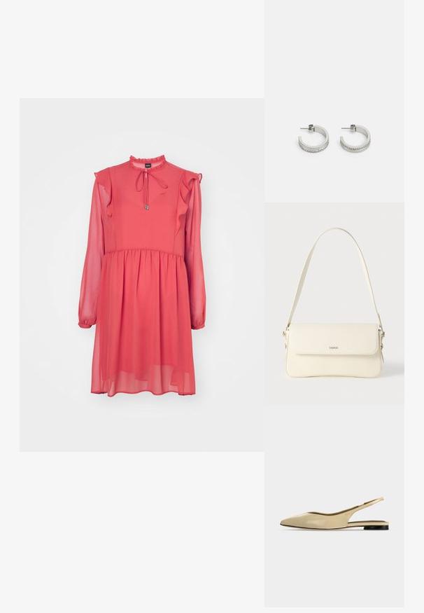 BOSS DIRENNA - Juhlamekko - light/pastel red; Beigen värinen, kärjestä kärkikärkinen slingback-mallinen litteä kenkä, jossa matala musta korko ja sileänahkainen viimeistely, kuvattuna sivulta yksivärisellä taustalla.; Kermanvalkoinen nahkainen olkalaukku, jossa on läppäkiinnitys, hopeiset metalliosat, säädettävä yksittäinen olkahihna ja hillitty logon koriste.; Hopeissa renkaissa on sileä pinta ja rivissä pieniä kirkaita kiviä alareunassa, ja ne kiinnittyvät takakiinnityksellä.