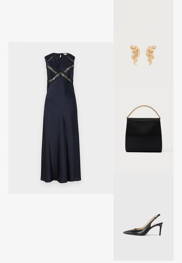 Marineblauw satijnen lange jurk met een ronde halslijn, kapmouwen en zwarte kantaccenten die kruispatronen over het corset vormen. Sleuf met knoop aan de achterkant.; Zwarte leren slingback-hakken met een spitse neus, verstelbare band en een elegante stiletto-hak, met een gladde afwerking.; Zwarte tas van gladde stof met een gestructureerde vorm, een handvat van gouden ketting en een minimalistisch geometrisch ontwerp.; Oorringen in goudkleurige slangvorm, versierd met kleine heldere kristallen op een eenvoudige lichte achtergrond.