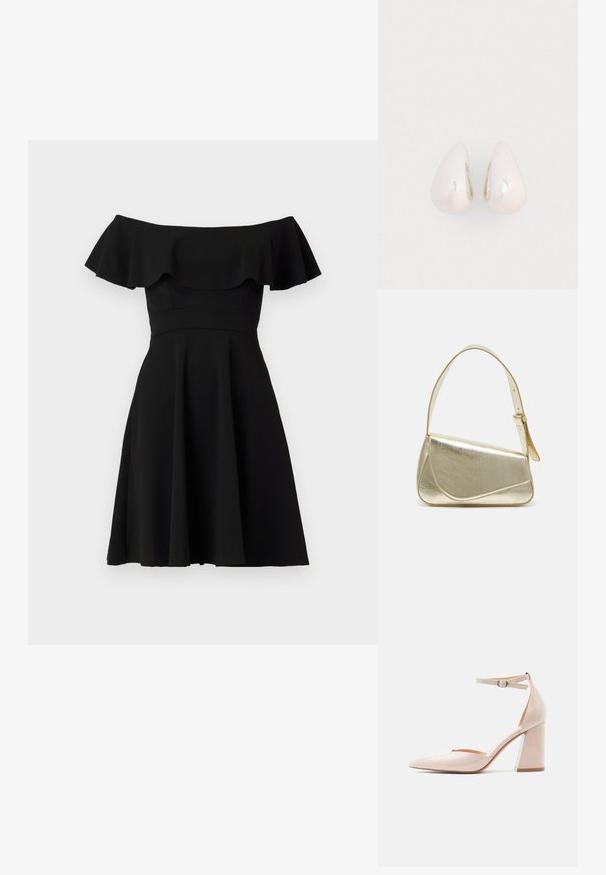 Zwart off-the-shoulder jurkje met een gerimpelde halslijn, een aansluitend lijfje en een uitlopende rok. Gemaakt van gladde stof met een effen afwerking.; Beige lakleren hoge hak met spitse neus en enkelbandje met een kleine gesp, zijaanzicht.; Gouden metallic handtas met een gestructureerd ontwerp, gladde textuur en verstelbare schouderband. Kenmerkt zich door een unieke driehoekige vorm en minimalistische stiksels.; Zilveren metalen druppeloorbellen met een gladde, reflecterende oppervlakte en een druppelvorm, voorzien van een naadloos ontwerp en zonder zichtbare versieringen.