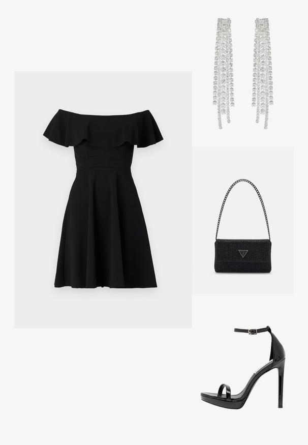 Vestido negro fuera de los hombros con un escote con volantes, corsé ajustado y falda acampanada. Hecho de una tela suave con un acabado sólido.; Steve Madden MILANO - Sandalias de tacón - black; Bolso de mano negro con perlas, con una superficie texturizada, que presenta una correa de cadena y una placa de logotipo triangular en la parte frontal. Forma rectangular compacta.; Pendientes largos de plata que presentan una variedad de cristales transparentes facetados en cascadas con diferentes longitudes y formas.