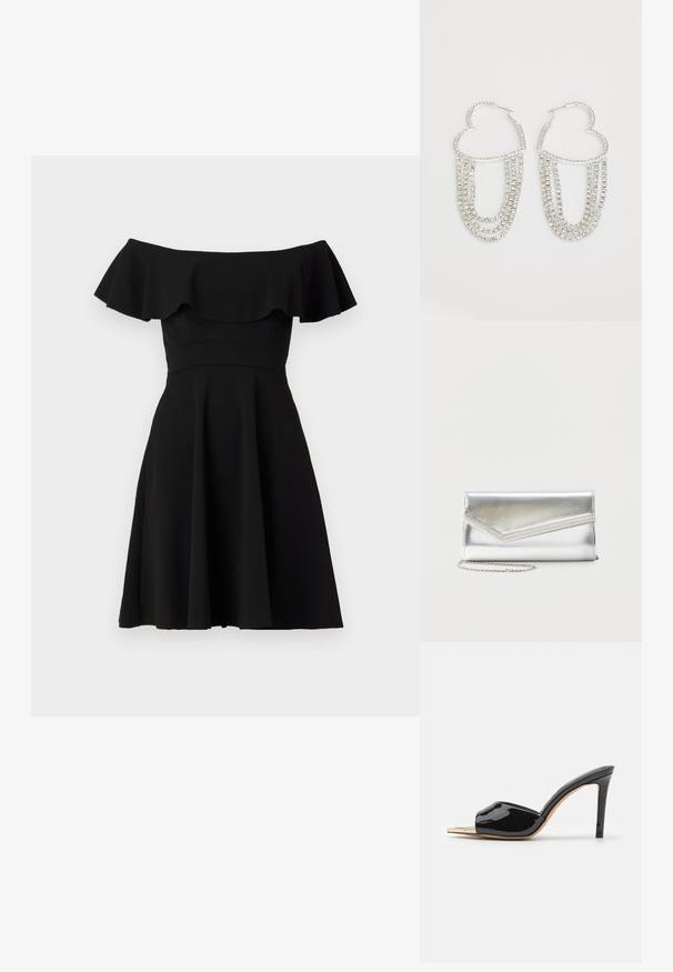 Vestido negro fuera de los hombros con un escote con volantes, corsé ajustado y falda acampanada. Hecho de una tela suave con un acabado sólido.; Mules de tacón alto de charol negro con punta abierta, diseño curvado y tacón delgado. Textura suave con un acabado reflectante.; Bolso clutch plateado brillante con solapa de estilo sobre y adorno decorativo, pequeña correa de cadena plateada, sobre fondo liso claro.; Pendientes de aro plateados en forma de corazón, con hebras en cascada de strass transparentes que aportan un brillo y textura adicionales.