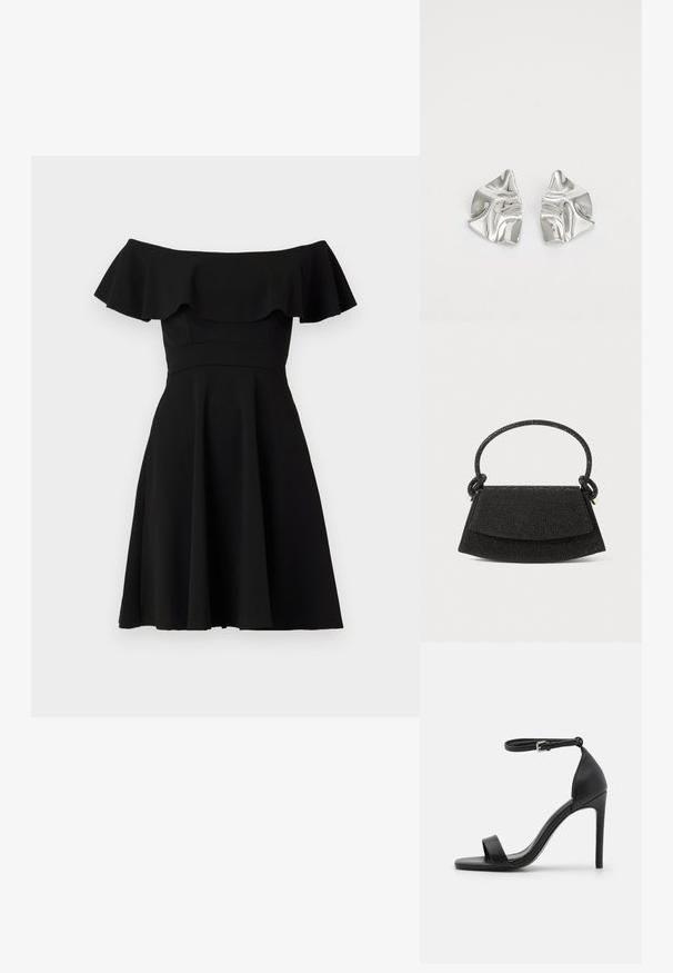 Vestido negro fuera de los hombros con un escote con volantes, corsé ajustado y falda acampanada. Hecho de una tela suave con un acabado sólido.; Sandalia de tacón alto negra con un diseño elegante, que cuenta con una correa en el tobillo, punta abierta y una textura de cuero suave.; Bolso de mano negro con una forma estructurada, material texturizado, un asa anudada y un cierre de solapa. Presenta un brillo sutil y un hardware minimalista.; Pendientes de metal plateado con un diseño ondulado y escultórico, que presentan un acabado pulido y formas irregulares, destacando una estética contemporánea.
