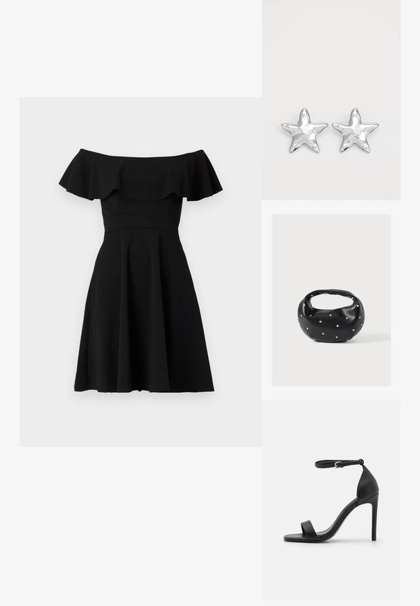 Zwart off-the-shoulder jurkje met een gerimpelde halslijn, een aansluitend lijfje en een uitlopende rok. Gemaakt van gladde stof met een effen afwerking.; Zwarte sandalen met hoge hakken, met een slank ontwerp, voorzien van een enkelbandje, open teen en een gladde leren textuur.; Zwarte leren handtas met een afgeronde vorm, versierd met zilveren studs, en een korte handgreep. Gladde textuur en ritsluiting.; Zilveren stervormige oorbellen met een gepolijste, glanzende afwerking. Elke oorbel heeft vijf punten en subtiele textuurdetails op het oppervlak.