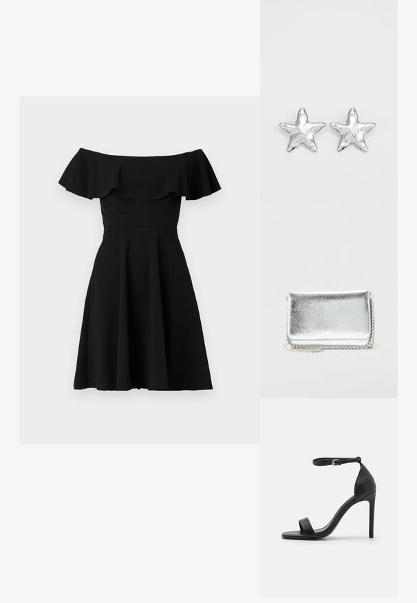 Vestido negro fuera de los hombros con un escote con volantes, corsé ajustado y falda acampanada. Hecho de una tela suave con un acabado sólido.; Sandalia de tacón alto negra con un diseño elegante, que cuenta con una correa en el tobillo, punta abierta y una textura de cuero suave.; Pequeño bolso metálico plateado rectangular con una cadena como correa, descansando sobre una superficie clara, solapa cerrada mirando hacia adelante.; Pendientes en forma de estrella plateada con una superficie pulida y brillante. Cada pendiente presenta cinco puntas y sutiles detalles de textura en la superficie.