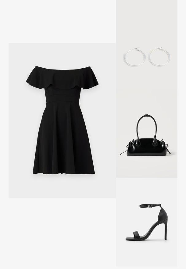 Zwart off-the-shoulder jurkje met een gerimpelde halslijn, een aansluitend lijfje en een uitlopende rok. Gemaakt van gladde stof met een effen afwerking.; Zwarte sandalen met hoge hakken, met een slank ontwerp, voorzien van een enkelbandje, open teen en een gladde leren textuur.; Kleine zwarte glanzende handtas met twee lange hengsels en zijkant trekkoord details op een effen lichte achtergrond.; Een paar glanzende zilveren oorringen met dunne draadafsluitingen, getoond op een lichtgrijze achtergrond.