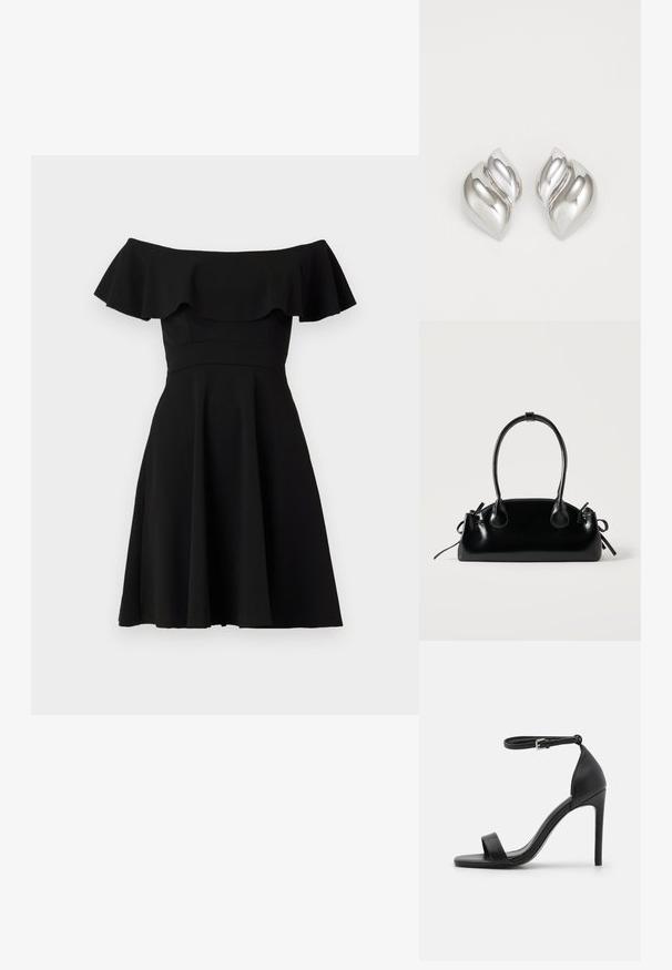 Vestido negro fuera de los hombros con un escote con volantes, corsé ajustado y falda acampanada. Hecho de una tela suave con un acabado sólido.; Sandalia de tacón alto negra con un diseño elegante, que cuenta con una correa en el tobillo, punta abierta y una textura de cuero suave.; Pequeño bolso negro brillante con dos asas largas y detalles de cordón lateral sobre un fondo claro liso.; Pendientes de plata con una forma orgánica y abstracta. Superficie lisa y brillante con un diseño cónico. Presentan suaves curvas y un detalle de línea central.