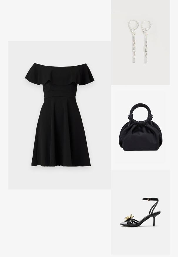 Zwart off-the-shoulder jurkje met een gerimpelde halslijn, een aansluitend lijfje en een uitlopende rok. Gemaakt van gladde stof met een effen afwerking.; Zwarte sandaal met hoge hak en bandjes, enkelgesp en gouden metalen bloemdetail op het voorste bandje tegen een witte achtergrond.; Zwarte zachte stoffen handtas met geplooide bovenkant en afgeronde handvatten die aan de basis geknoopt zijn, tegen een effen lichte achtergrond.; Zilveren hangende oorbellen met rechthoekige en ronde heldere kristallen in een verticale lijn, bevestigd met leverback-sluitingen.