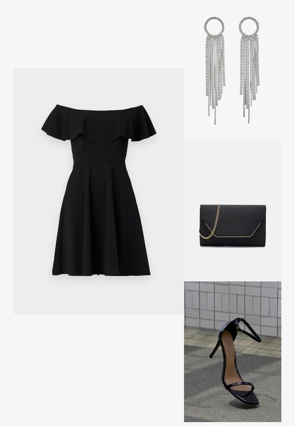 Robe noire dénudée des épaules avec un col à volants, un corsage ajusté et une jupe évasée. Fabriquée en tissu lisse avec une finition unie.; Sandale à talons hauts en cuir verni noir avec bride à la cheville, boucle dorée et bout pointu, positionnée verticalement sur une surface de carrelage et d'asphalte.; Pochette noire au toucher lisse, dotée d'une chaîne en or et d'une fermeture à rabat géométrique rehaussée de doré.; Boucles d'oreilles en ton argent dotées d'un sommet circulaire avec des chaînes pendantes et des pierres à facettes carrées, mettant en valeur un design linéaire à plusieurs niveaux.