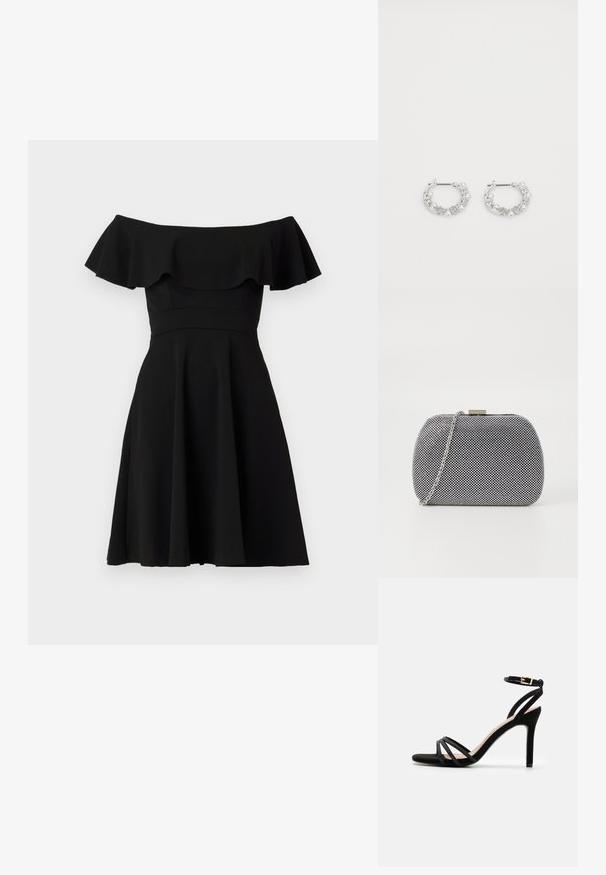 Zwart off-the-shoulder jurkje met een gerimpelde halslijn, een aansluitend lijfje en een uitlopende rok. Gemaakt van gladde stof met een effen afwerking.; Anna Field by Zalando Sandalen - black; Zwart-witte textuur clutch tas met een ronde vorm, zilveren kettingband en een metalen sluiting aan de bovenkant.; Zilveren oorringen met parel- en kristalaccenten, met een gestructureerd oppervlak en een veilige postsluiting.