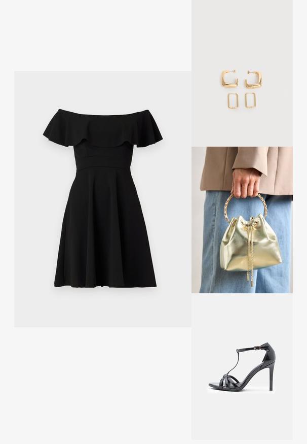 Zwart off-the-shoulder jurkje met een gerimpelde halslijn, een aansluitend lijfje en een uitlopende rok. Gemaakt van gladde stof met een effen afwerking.; Zwarte lakleren hoge hak sandaal met dunne banden, T-bar ontwerp, gesp sluiting en een elegante, gebogen silhouet.; Metalen gouden bucket bag met een trekkoordsluiting, voorzien van een gouden kettinghandvat en twee decoratieve kettingdetails aan de voorkant.; Twee paar gouden geometrische creolen op een effen witte ondergrond, een paar vierkant en massief, een paar rechthoekig en hol.