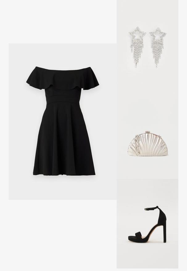 Zwart off-the-shoulder jurkje met een gerimpelde halslijn, een aansluitend lijfje en een uitlopende rok. Gemaakt van gladde stof met een effen afwerking.; Zwarte suede hoge hak sandaal met een brede band aan de voorkant, enkelband en een platformzool. De hak is recht en textuur.; Metalen zilveren clutch in de vorm van een schelp met een zilveren kettingriem losjes aan de zijkant gehangen.; Rhinestone ster oorbellen met waterval franje, in een zilverkleurige tint en een glanzend, reflecterend oppervlak. Stervorm met ingewikkeld ontwerp.