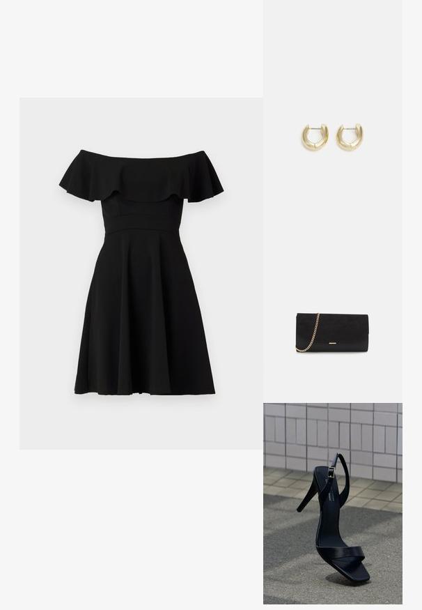 Vestido negro fuera de los hombros con un escote con volantes, corsé ajustado y falda acampanada. Hecho de una tela suave con un acabado sólido.; Sandalia negra de tacón alto con correa en el tobillo y punta cuadrada, situada sobre el pavimento frente a una pared con azulejos.; Bolso de mano negro hecho de ante con un acabado texturizado, que presenta una cadena dorada y un diseño elegante y angular.; Pendientes de aro en tono dorado con un acabado suave y pulido. Presentan una forma de medio círculo y un cierre de poste seguro.