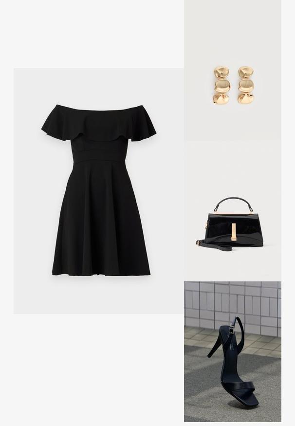 Robe noire dénudée des épaules avec un col à volants, un corsage ajusté et une jupe évasée. Fabriquée en tissu lisse avec une finition unie.; Sandale noire à talon haut avec bride à la cheville et bout carré, posée sur le pavé devant un mur carrelé.; Sac à main noir brillant avec poignée supérieure, fermoir doré et bandoulière amovible sur fond clair uni.; Boucles d’oreilles pendantes ton or avec trois segments irréguliers, lisses et arrondis empilés verticalement sur un fond clair uni.