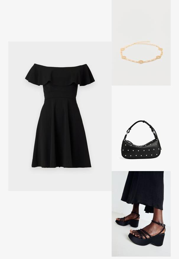 Zwart off-the-shoulder jurkje met een gerimpelde halslijn, een aansluitend lijfje en een uitlopende rok. Gemaakt van gladde stof met een effen afwerking.; Zwarte wedge-sandalen met meerdere dunne banden, verstelbare enkelgesp, gestructureerd oppervlak en een afgeronde hakvorm.; Zwarte leren schoudertas met een gebogen vorm, versierd met zilveren studs aan de voorkant en een gestructureerde afwerking. Heeft een enkel handvat.; Delicate gouden ketting met afwisselend kleine schakels en vijf gestructureerde ronde schakels die gelijkmatig rond de ketting zijn geplaatst.